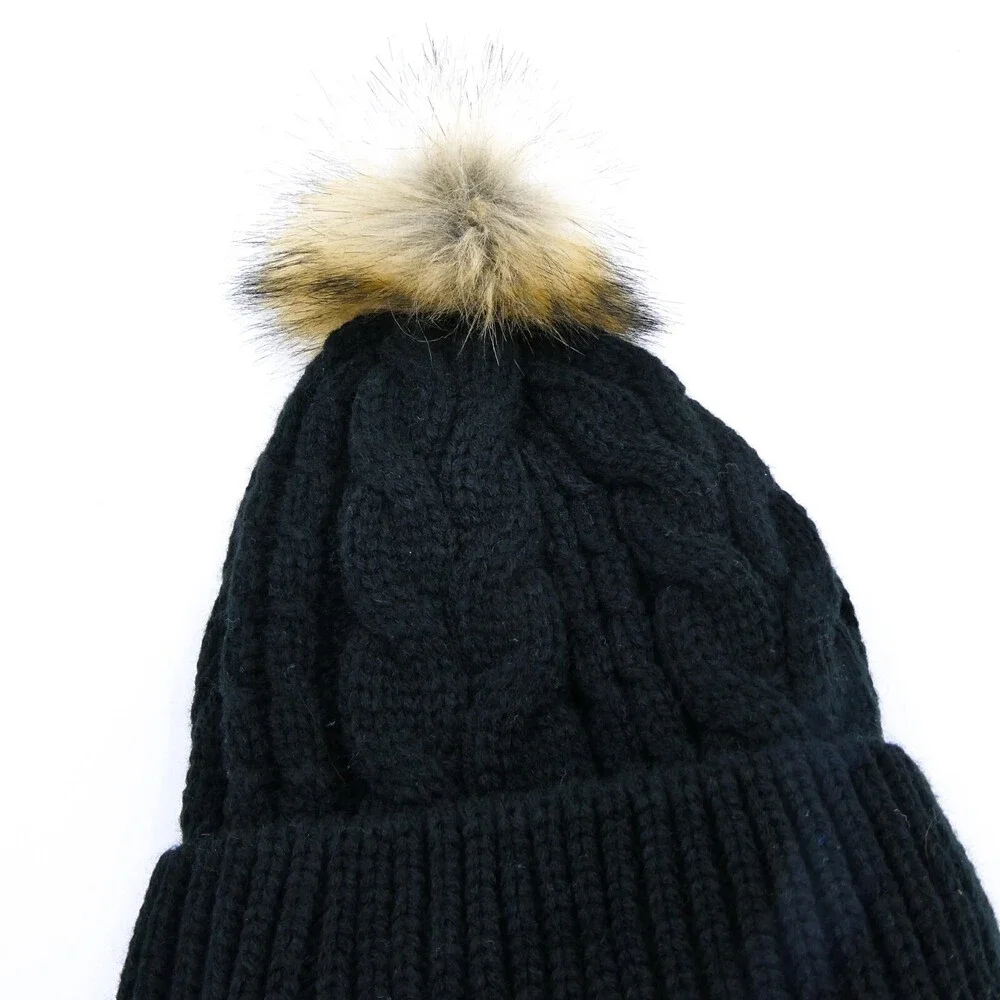 Cable Knit Winter‎ Hat Womens One Size Black Preppy Cap Locale Outdoor Pom Sport